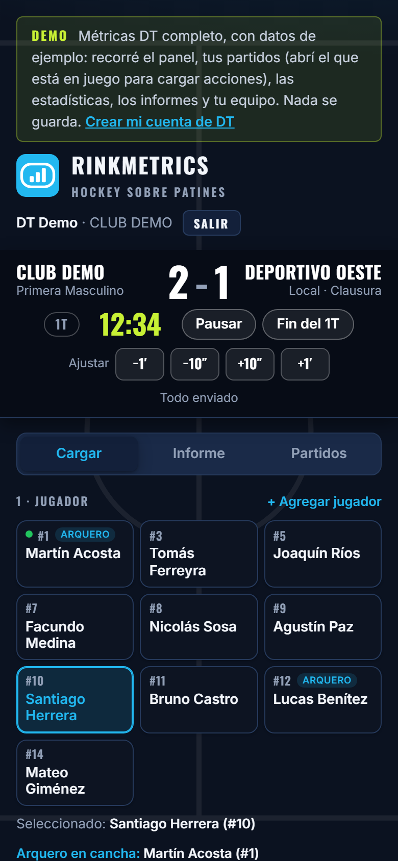 La misma pantalla en el celular: marcador, reloj y grilla de jugadores