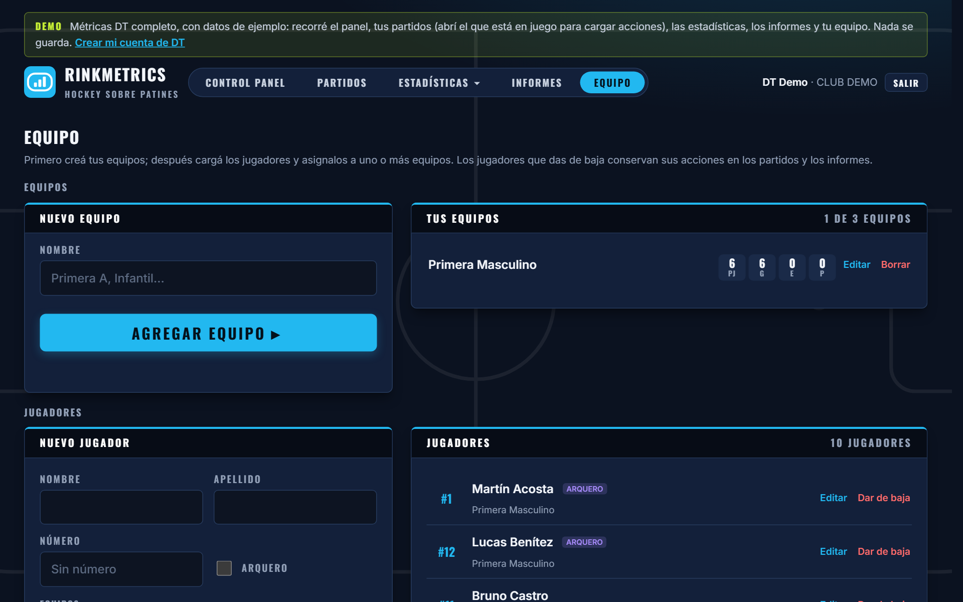Sección Equipo: tus equipos con partidos jugados, ganados, empatados y perdidos, y tus jugadores con sus equipos